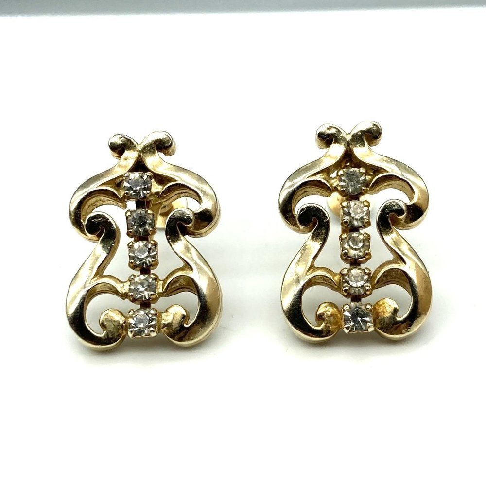 Elegant Vintage Flourish Earrings, Polished Gold Tone Screw Back Scrollwork